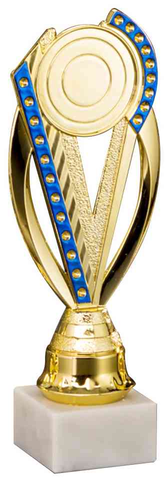 Ein Pokal Wesel 5-er Pokalserie 195 mm - 241 mm PK754770-5-E50 mit blauen Akzenten auf weißem Grund, perfekt als Geschenk oder Auszeichnung.